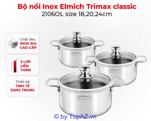 Bộ Nồi Inox 3 Lớp Đáy Liền Elmich Trimax Classic 2106OL Size 18,20,24cm được thiết kế sang trọng, cao cấp