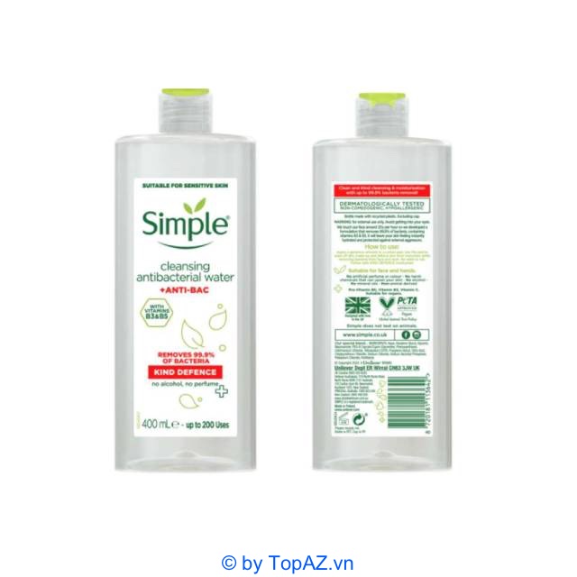 Simple Kind Defence Cleansing Antibacterial Water không chứa dầu khoáng, cồn, chất tạo màu và hương liệu