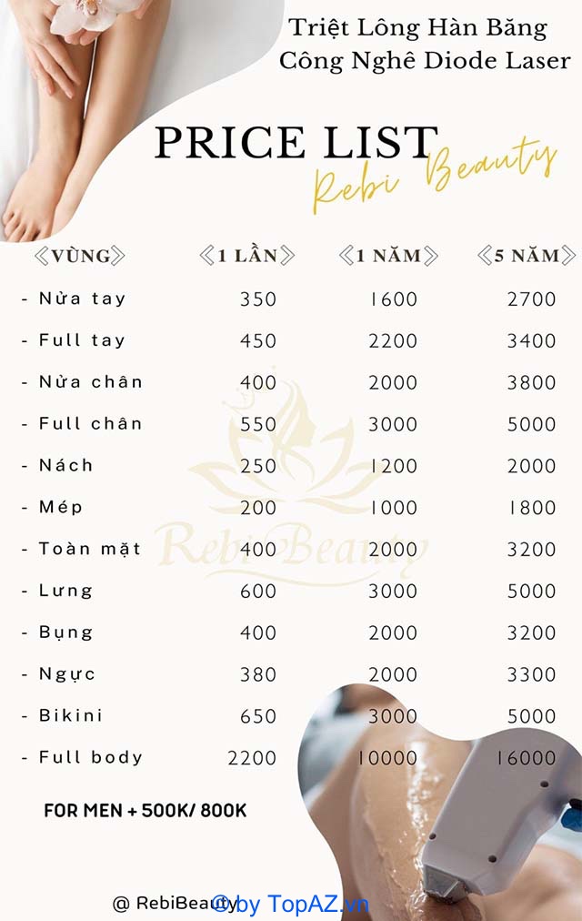 Bảng giá triệt lông tại Rebi Beauty spa gò Vấp
