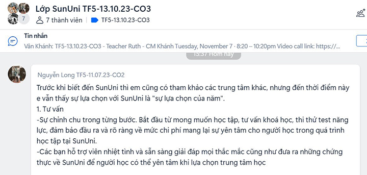 feedback của học viên tại SunUni Academy