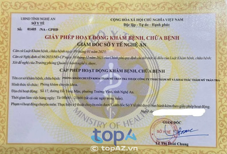 Giấy phép hoạt động Thẩm Mỹ Viện Dr Trần Trà