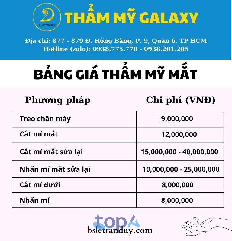 Bảng giá nhấn mí, cắt mí mắt của Thẩm mỹ viện Galaxy