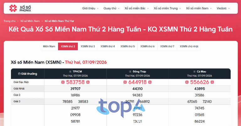 Giao diện tra cứu xổ số Miền Nam thứ Hai trên Xổ Số Phonix